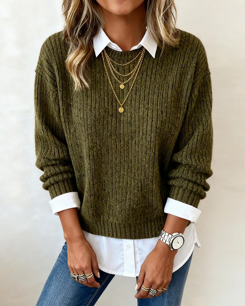 Priscille | Pull élégant à col chemise et design patchwork