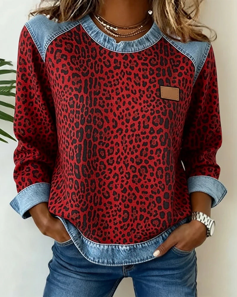 Ursule | Sweatshirt audacieux à imprimé léopard et patchwork denim