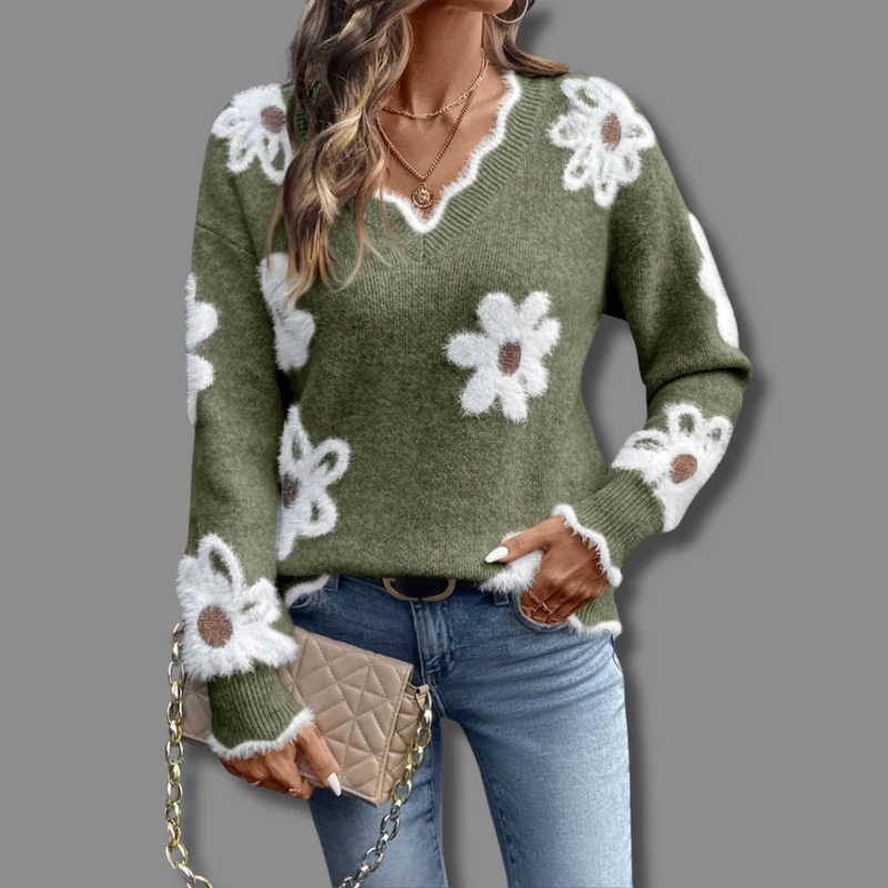 Ambrine | Pull fleuri raffiné à col en V