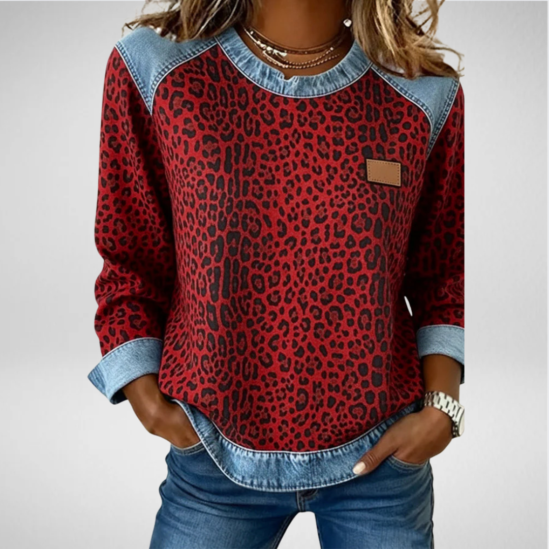 Ursule | Sweatshirt audacieux à imprimé léopard et patchwork denim