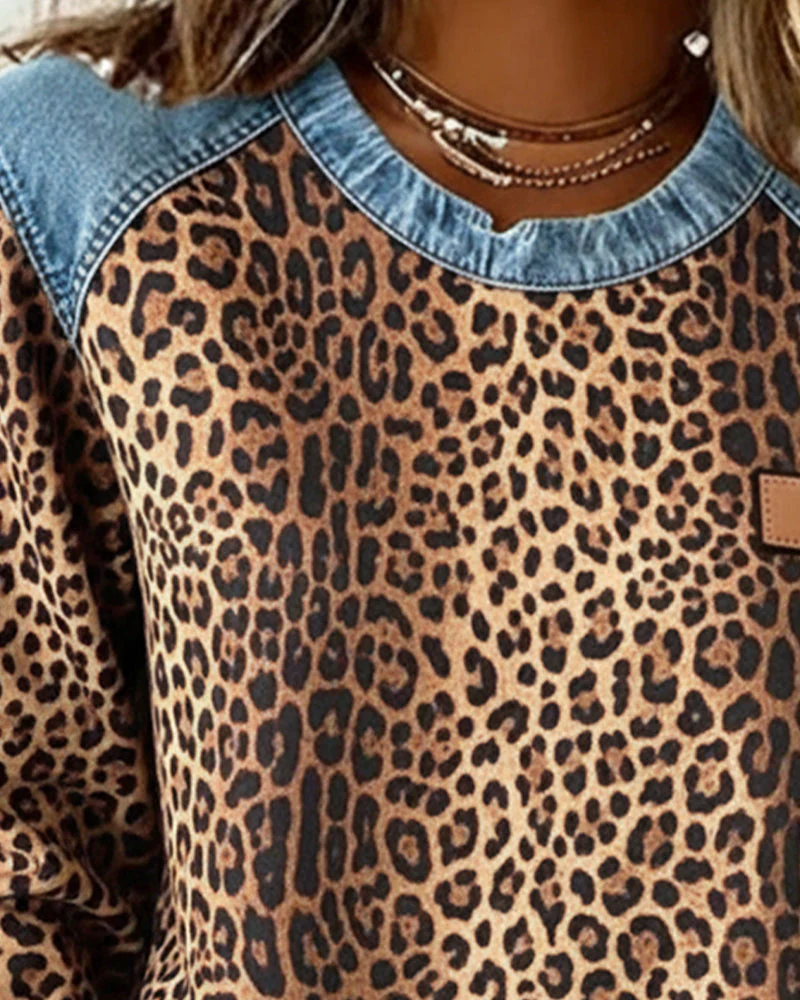 Ursule | Sweatshirt audacieux à imprimé léopard et patchwork denim