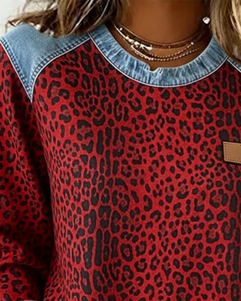 Ursule | Sweatshirt audacieux à imprimé léopard et patchwork denim