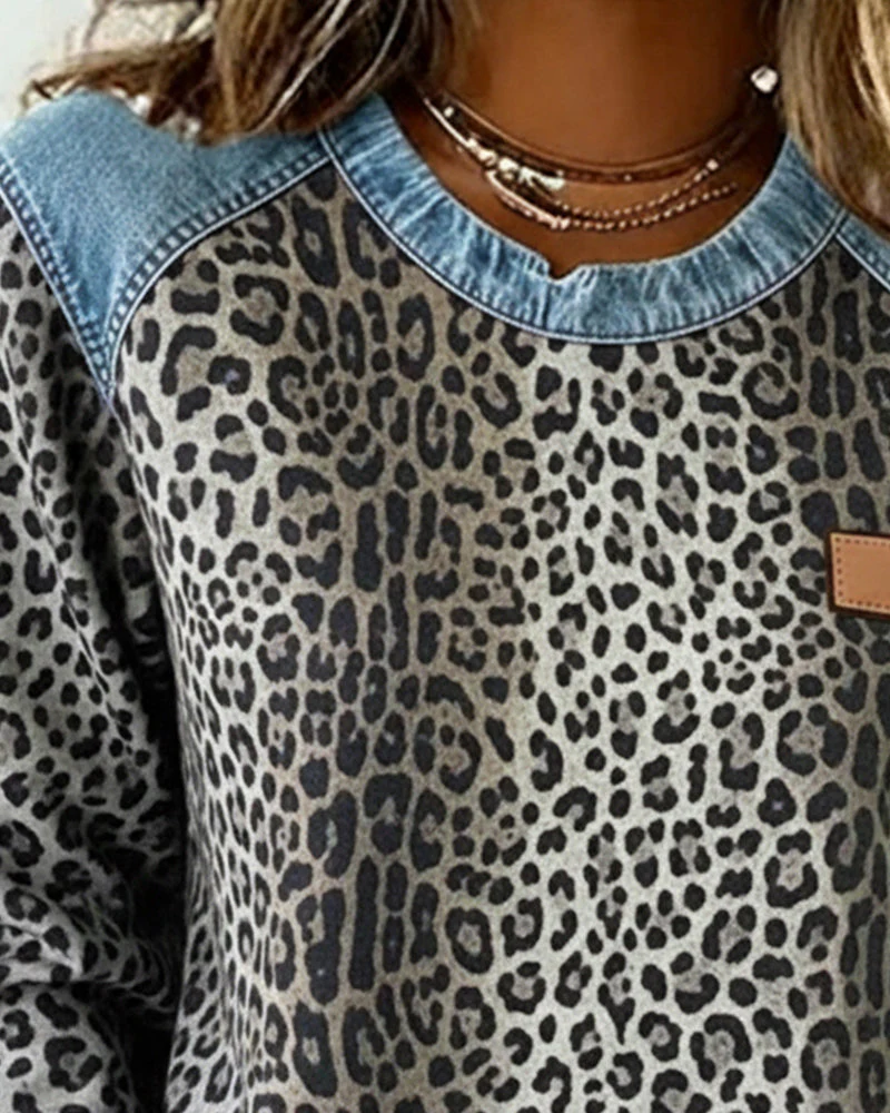 Ursule | Sweatshirt audacieux à imprimé léopard et patchwork denim