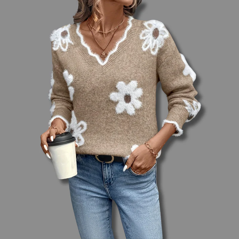 Ambrine | Pull fleuri raffiné à col en V