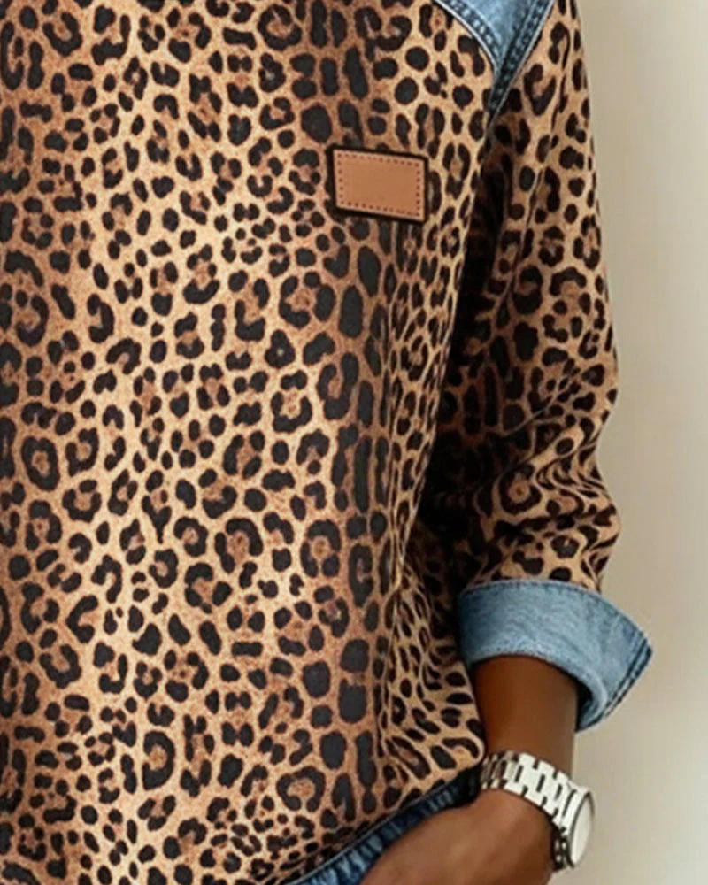 Ursule | Sweatshirt audacieux à imprimé léopard et patchwork denim