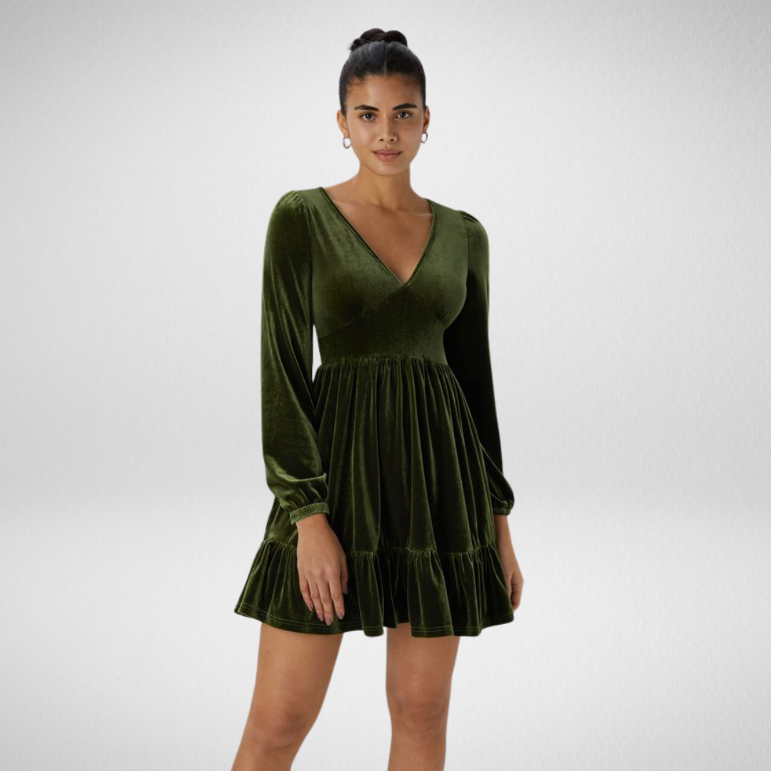 Rousseau Paris | Quotidien Robe de Soirée Mini en Velours à Encolure en V Profond et Ourlet Volanté