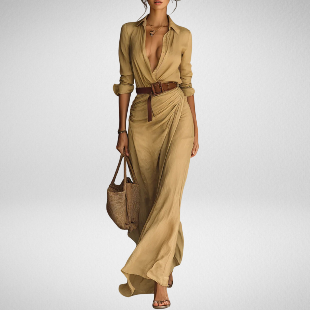 Rousseau Paris | Robe maxi sophistiquée avec ceinture ajustable et revers élégants